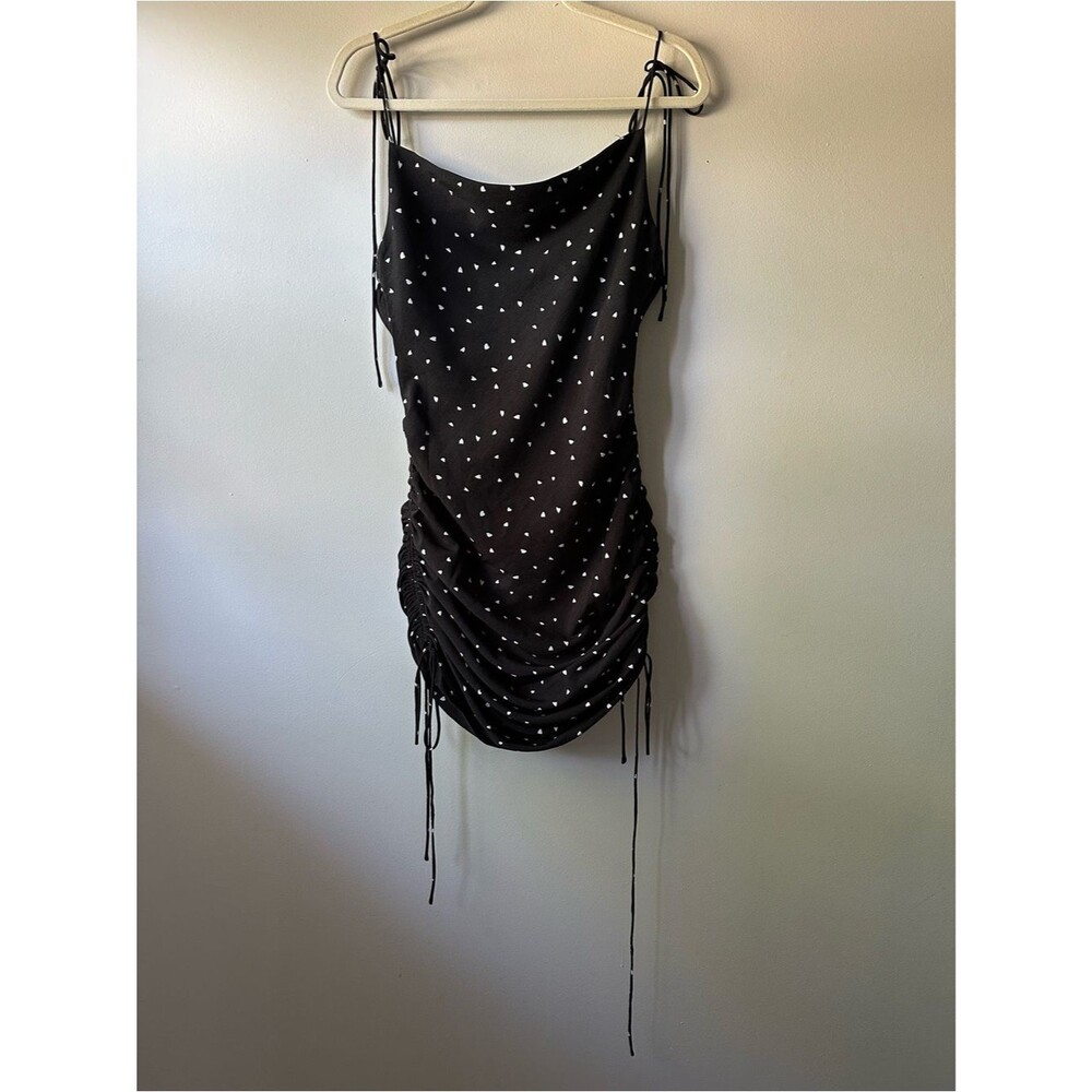 Lioness String Along Mini Dress Black Synch Tie Dress White Heart Print Size XS